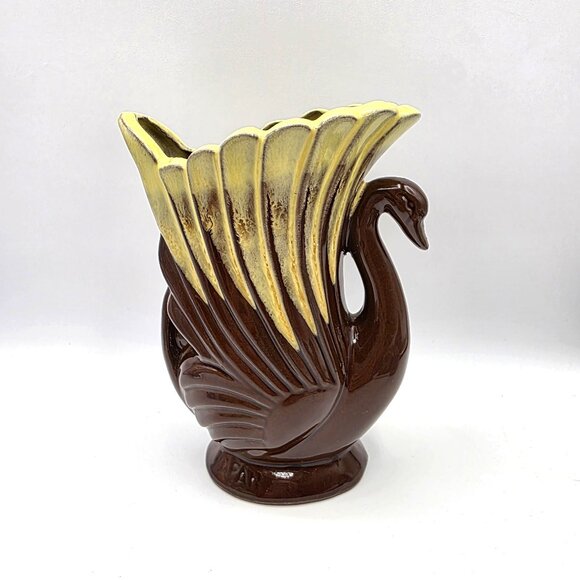 Vintage Swan Vase Mid Century Art Deco Brown Yellow Drip Japan Unique Rare 6" - Picture 2 of 10